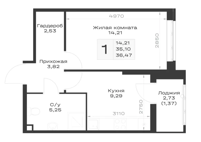 1-комн. 36.5 м²