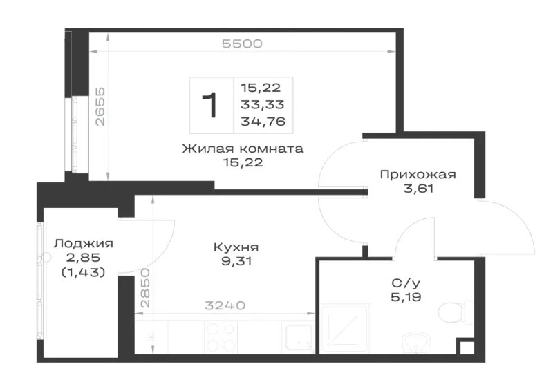 1-комн. 34.8 м²