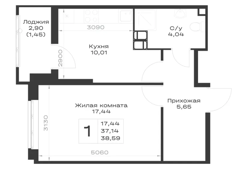 1-комн. 38.6 м²