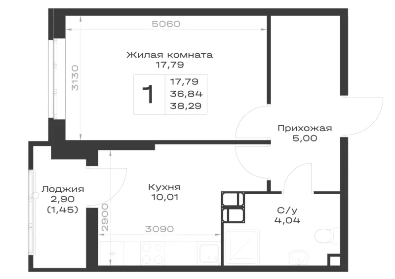 1-комн. 38.3 м²