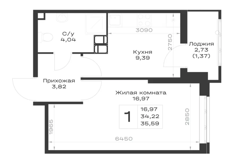 1-комн. 35.6 м²