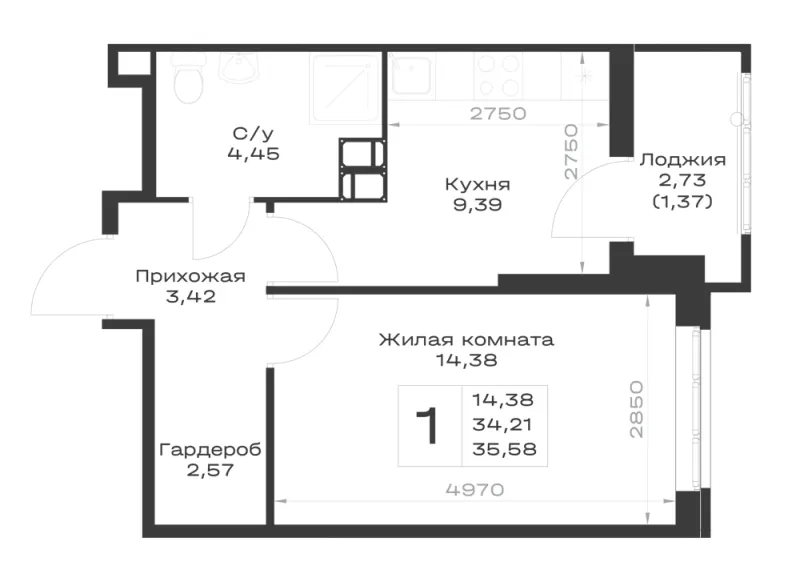 1-комн. 35.6 м²