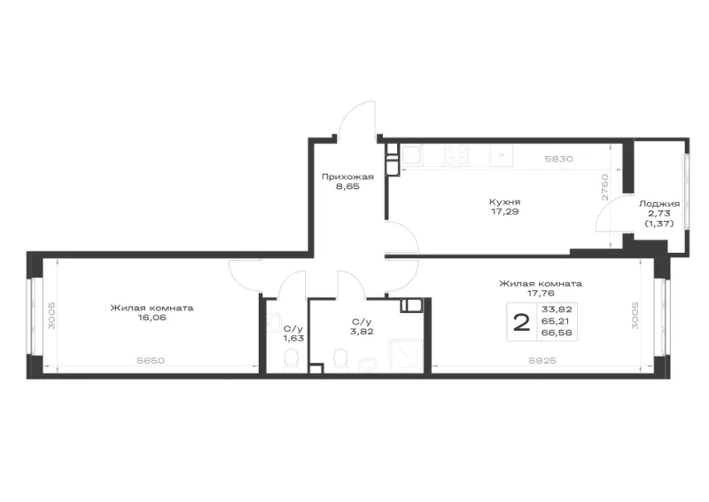 2-комн. 66.6 м²