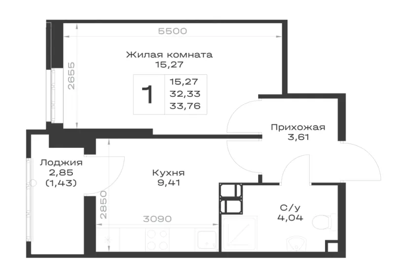 1-комн. 33.8 м²