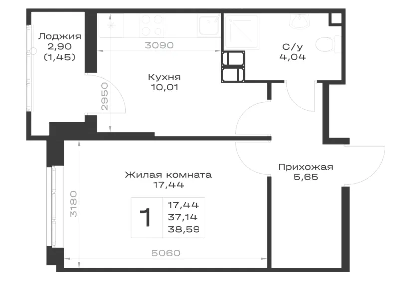1-комн. 38.6 м²