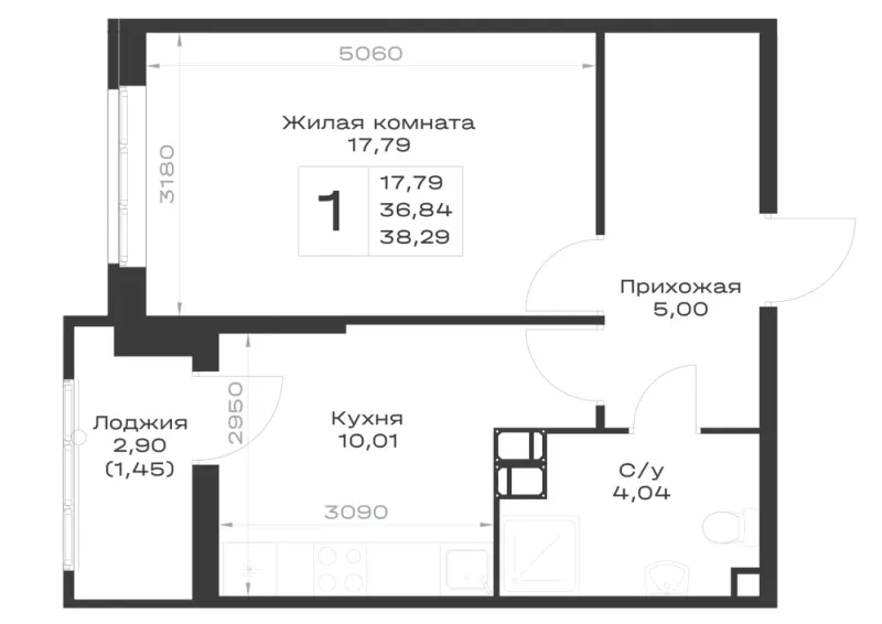 1-комн. 38.3 м²