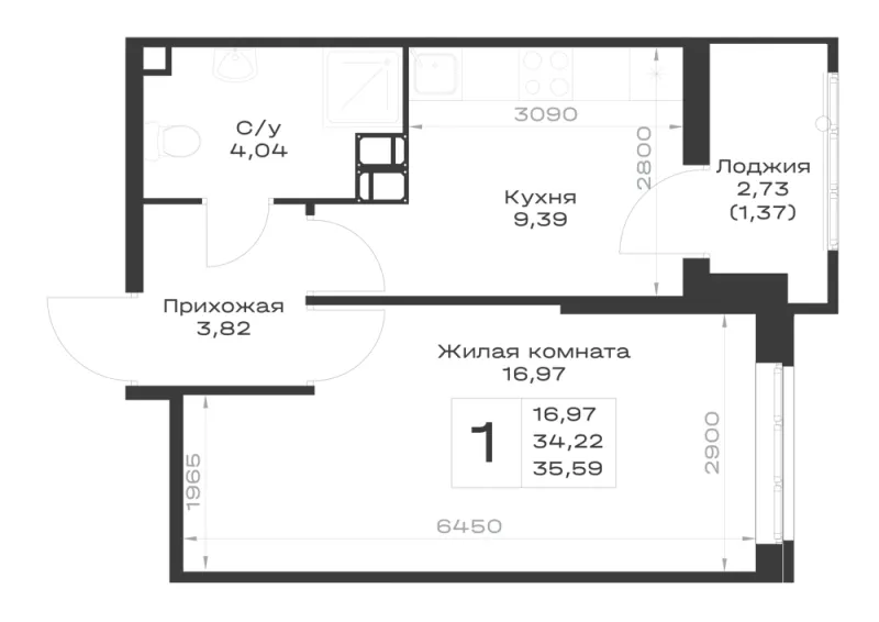 1-комн. 35.6 м²