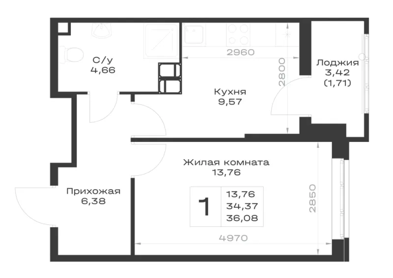 1-комн. 36.1 м²