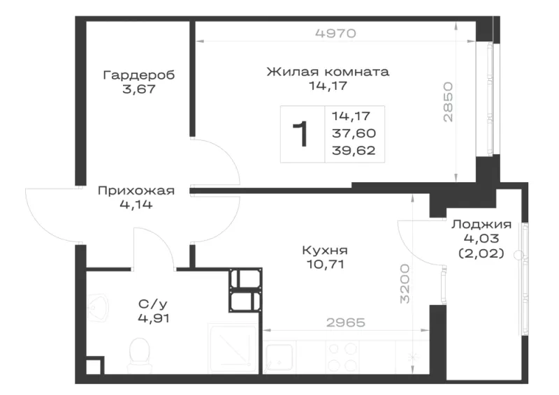1-комн. 39.6 м²