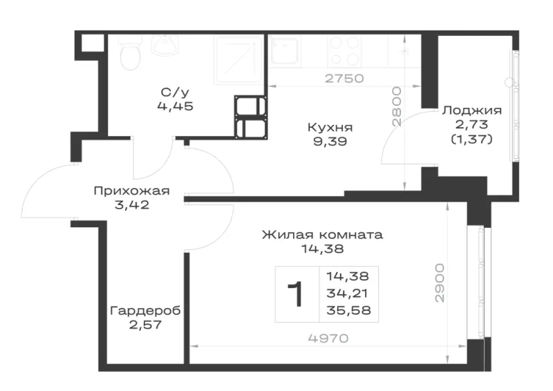 1-комн. 35.6 м²