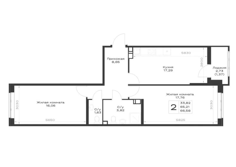 2-комн. 66.6 м²