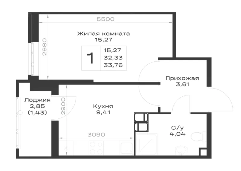 1-комн. 33.8 м²