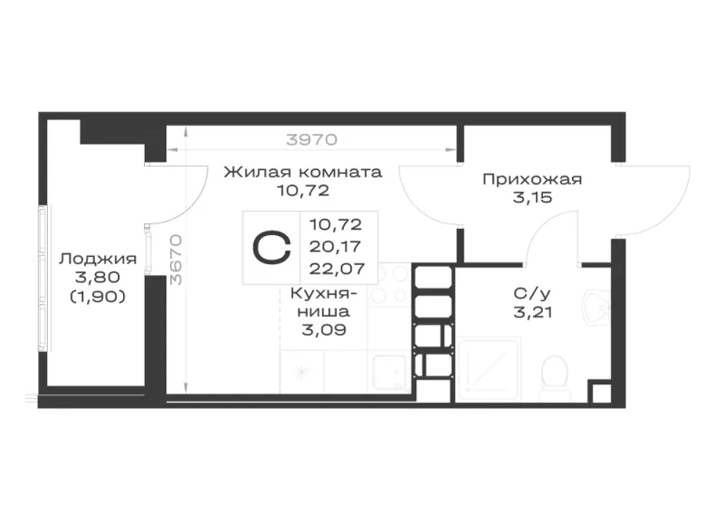 Студия 22.1 м²