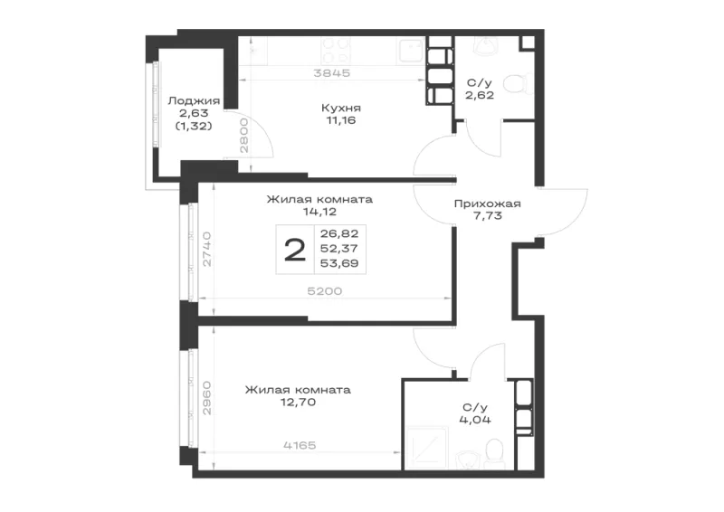 2-комн. 53.7 м²