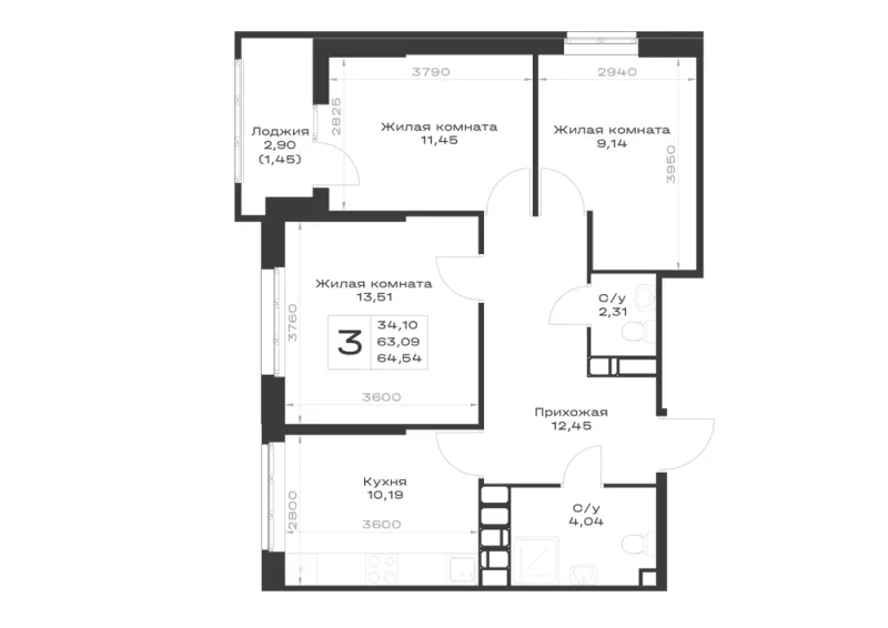 3-комн. 64.5 м²