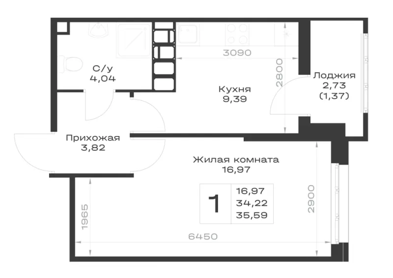 1-комн. 35.6 м²
