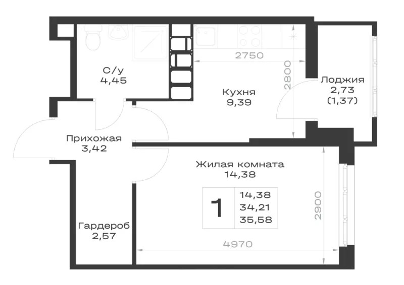 1-комн. 35.6 м²