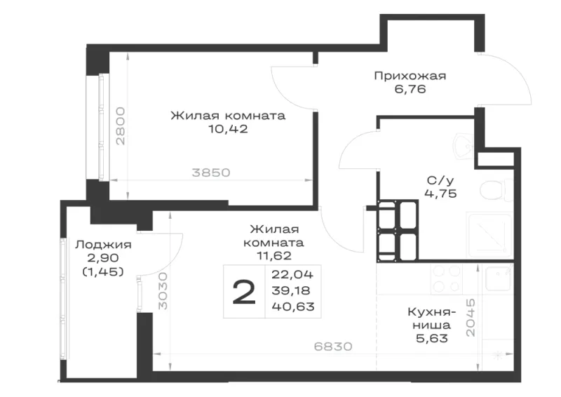 1-комн. 40.6 м²