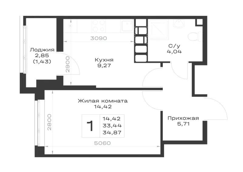 1-комн. 34.9 м²