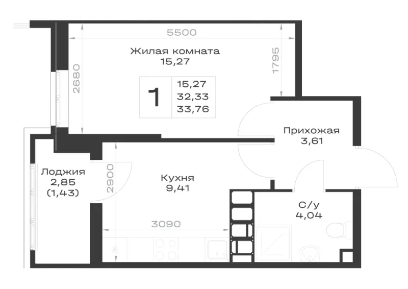 1-комн. 33.8 м²