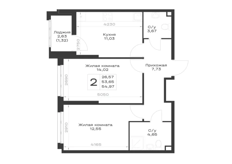 2-комн. 55 м²