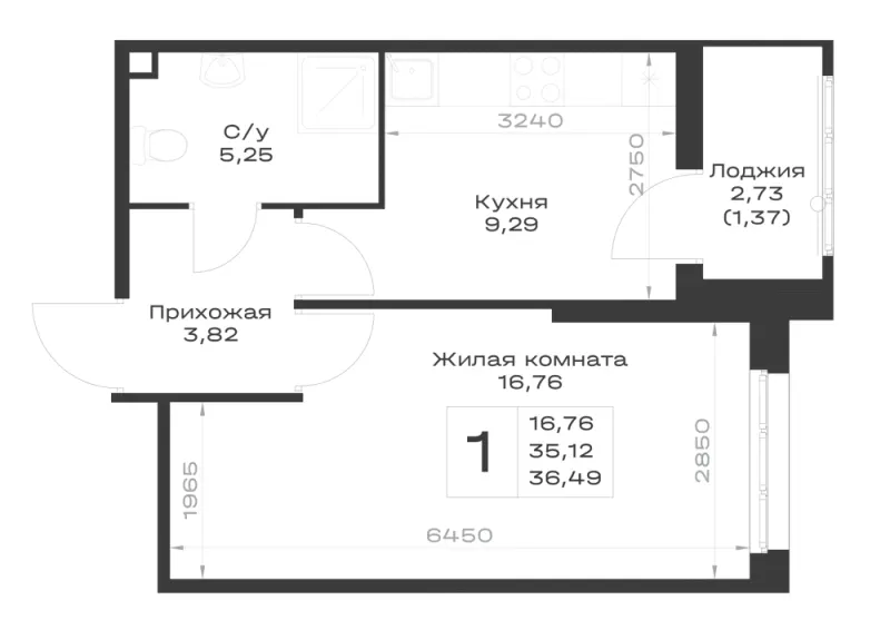 1-комн. 36.5 м²