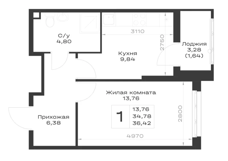 1-комн. 36.4 м²