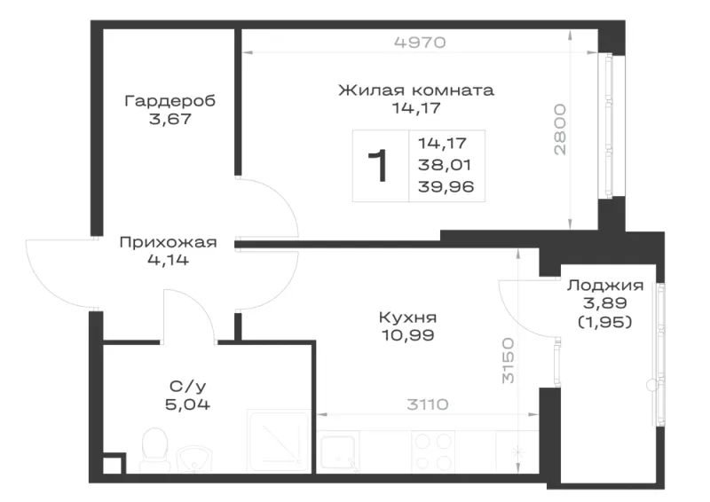 1-комн. 40 м²