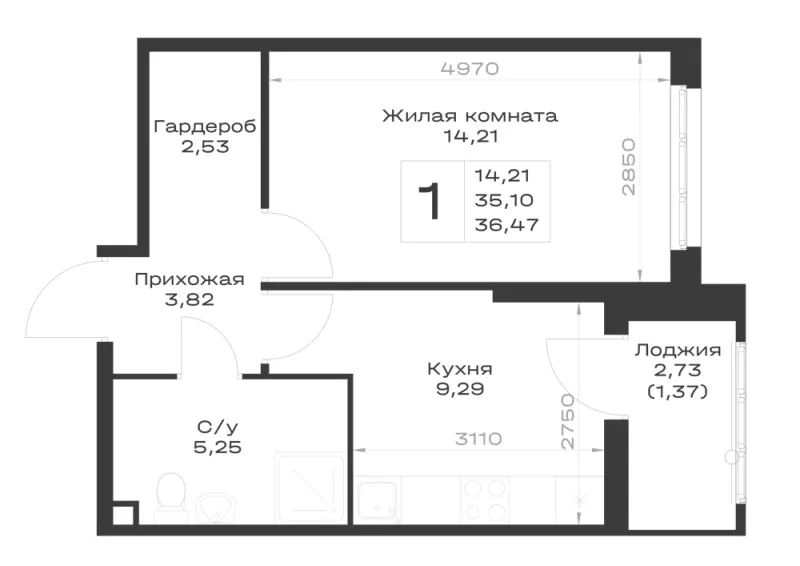1-комн. 36.5 м²