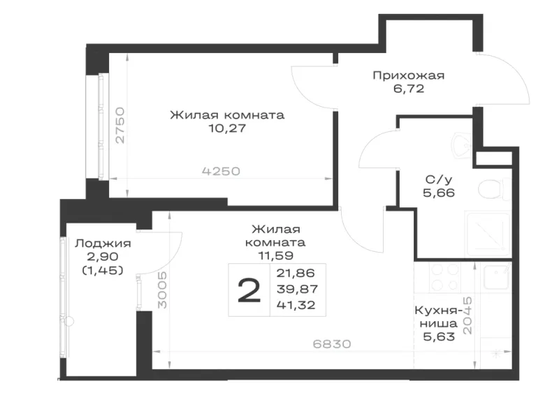 1-комн. 41.3 м²