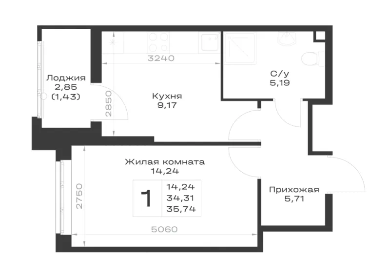 1-комн. 35.7 м²