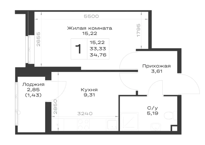 1-комн. 34.8 м²