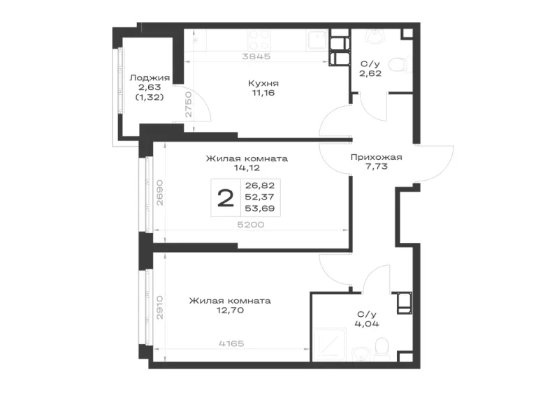 2-комн. 53.7 м²