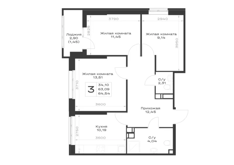 3-комн. 64.5 м²