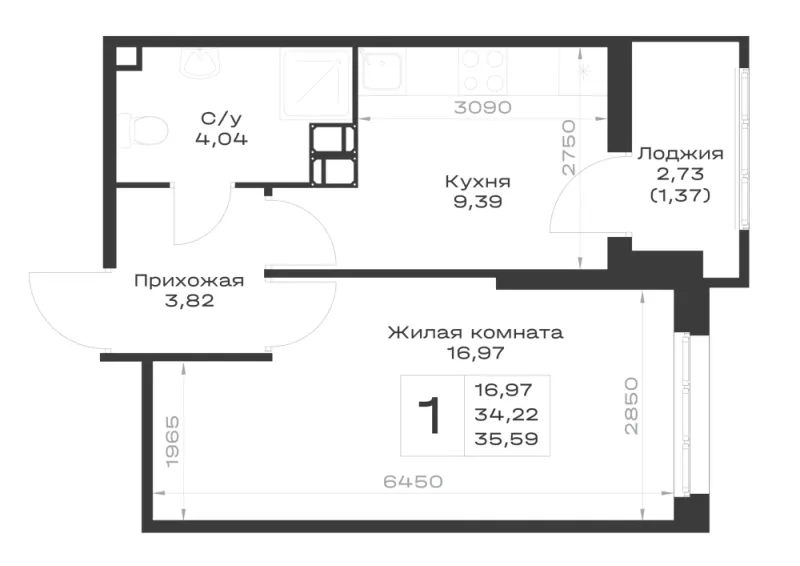1-комн. 35.6 м²