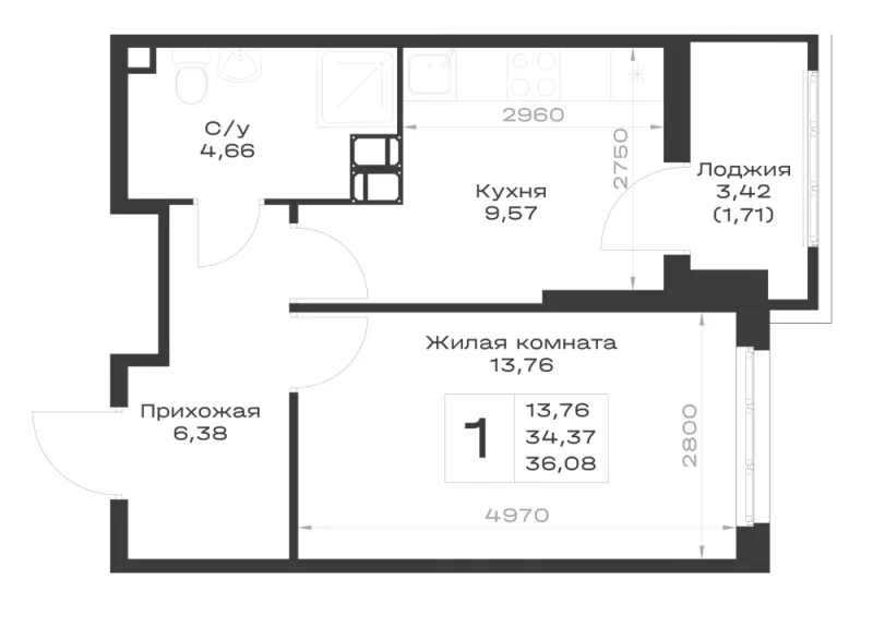1-комн. 36.1 м²