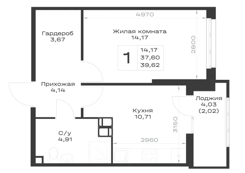 1-комн. 39.6 м²