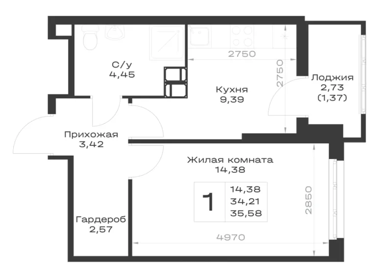 1-комн. 35.6 м²