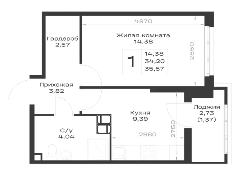 1-комн. 35.6 м²