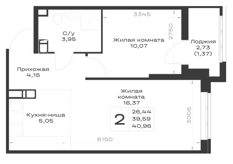 1-комн. 41 м²
