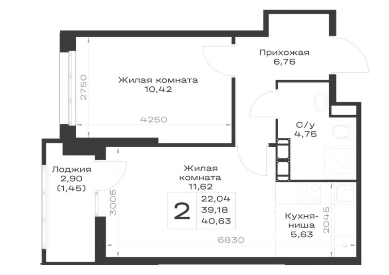 1-комн. 40.6 м²