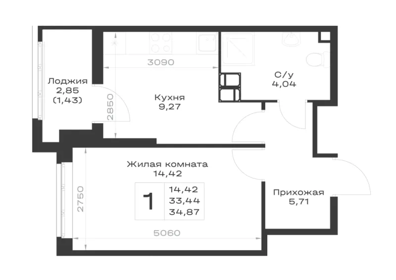 1-комн. 34.9 м²