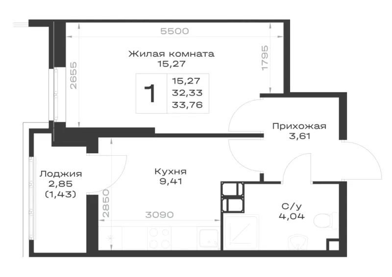 1-комн. 33.8 м²