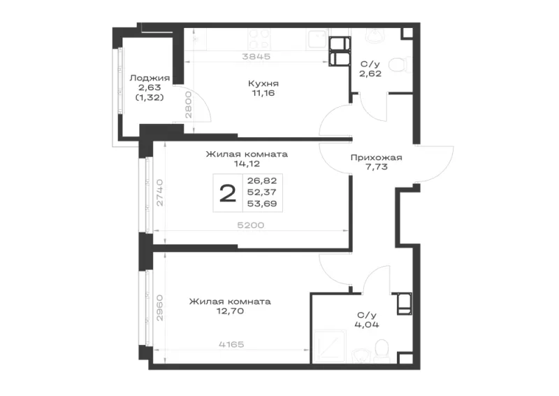 2-комн. 53.7 м²