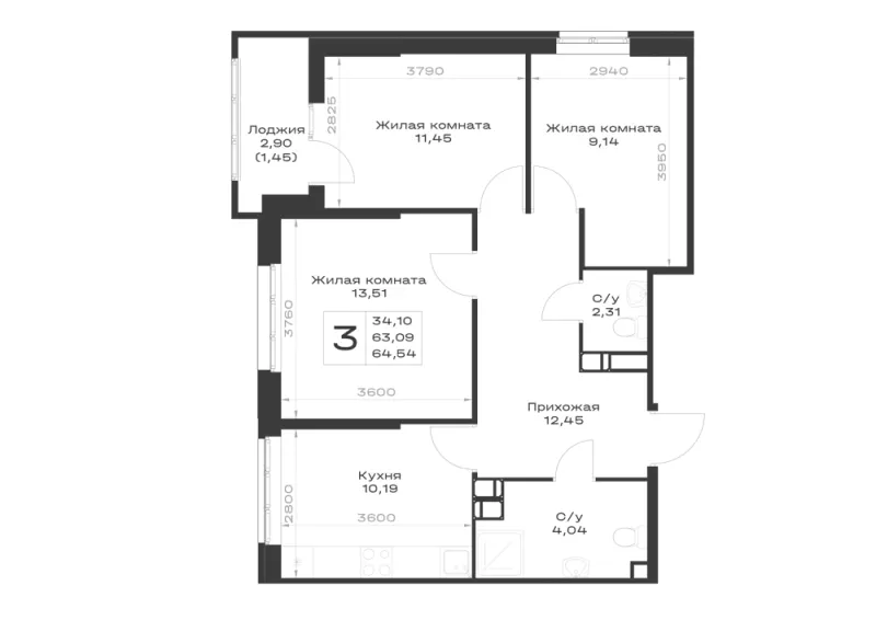 3-комн. 64.5 м²