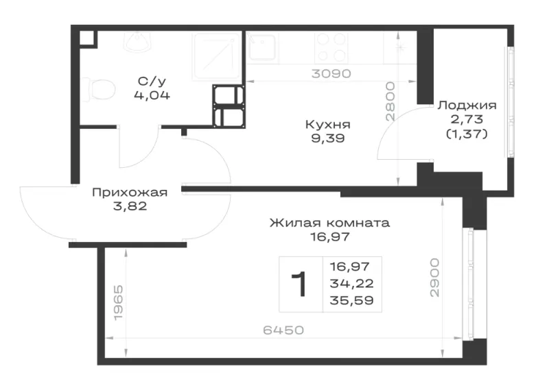 1-комн. 35.6 м²