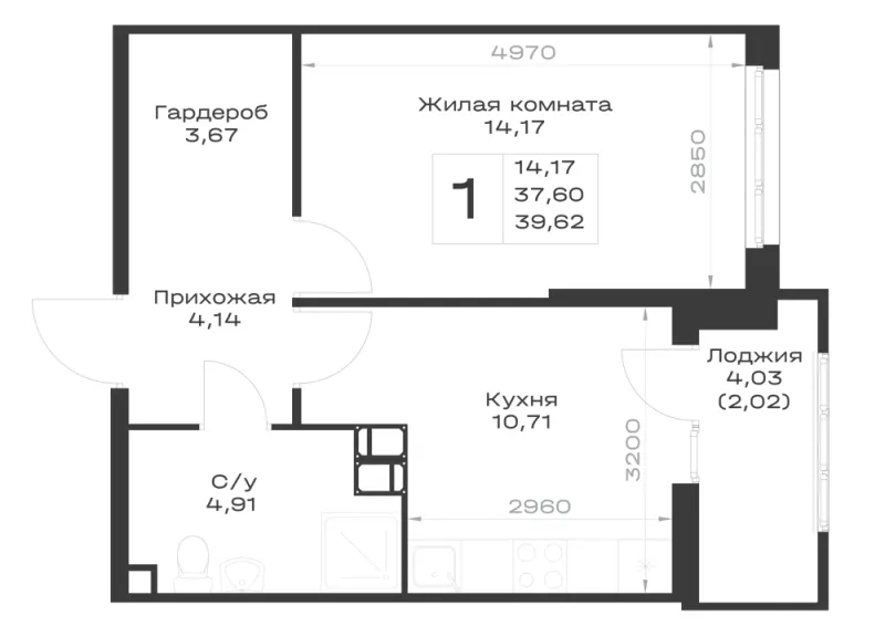 1-комн. 39.6 м²