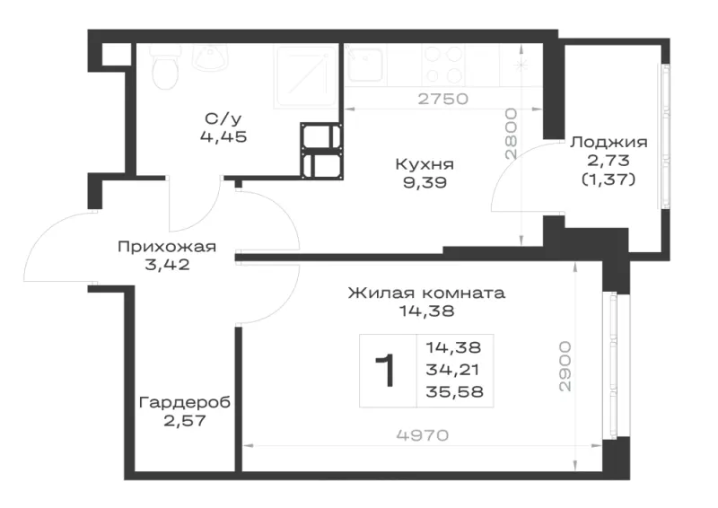 1-комн. 35.6 м²