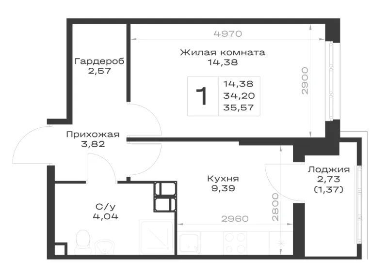1-комн. 35.6 м²