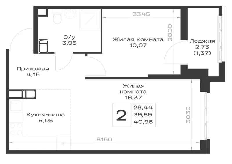 1-комн. 41 м²